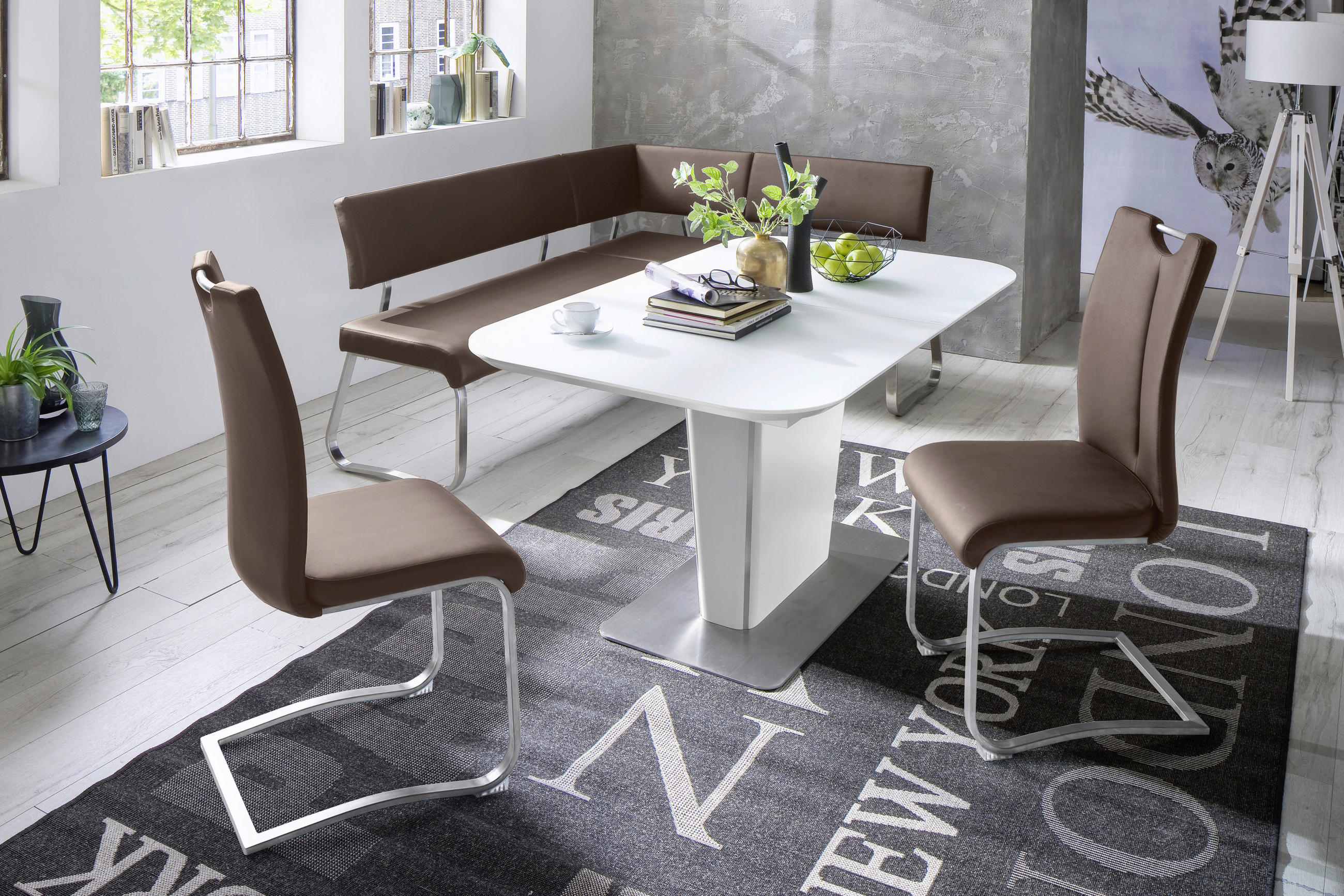 ECKBANK 200/150 cm Lederlook Braun, Edelstahlfarben   - Edelstahlfarben/Braun, Design, Textil/Metall (200/150cm) - Livetastic