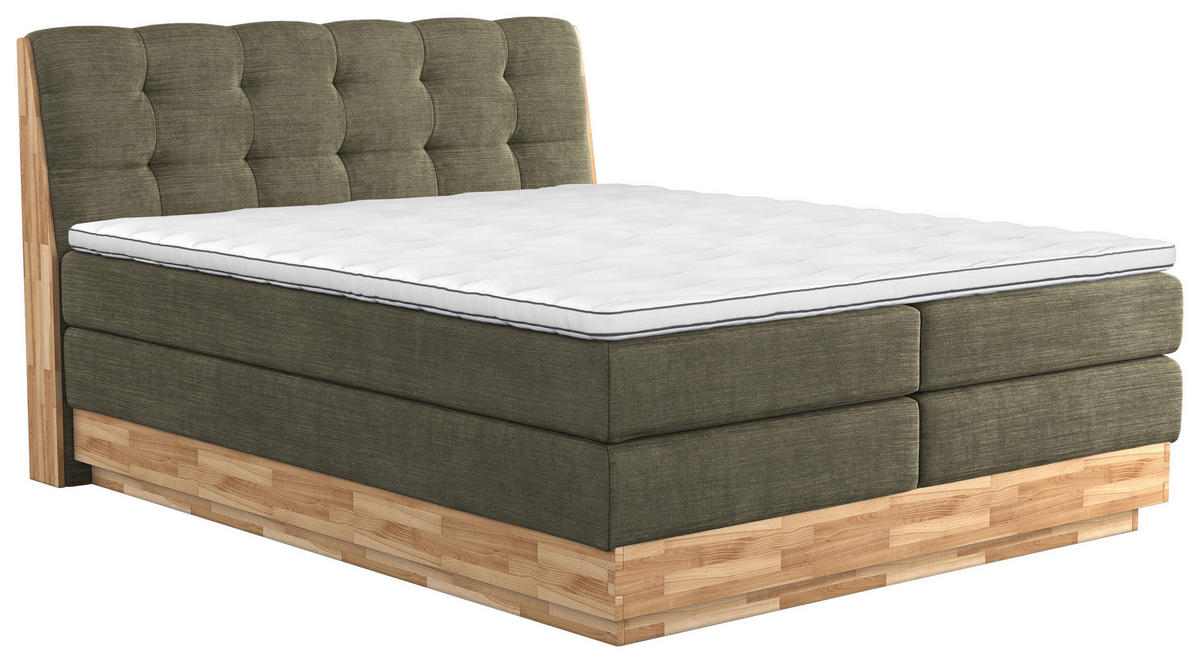 BOXSPRINGBETT 200/200 cm,  in Grün, gepolstertes Kopfteil, Bettkasten, Topper, Matratzen, H3 + H4 = fest + sehr fest  - Schwarz/Grün, Natur, Holz/Textil (200/200cm)