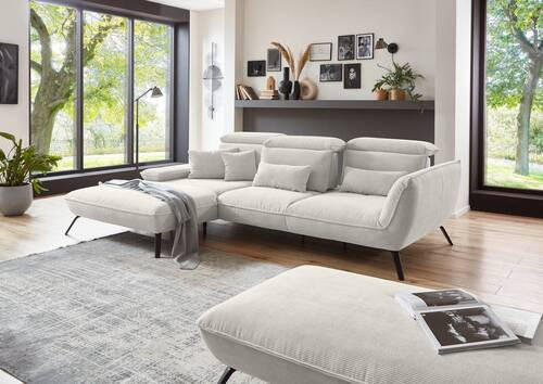 ECKSOFA Creme Cord  - Creme/Schwarz, Design, Textil/Metall (301/202cm) - Moderano