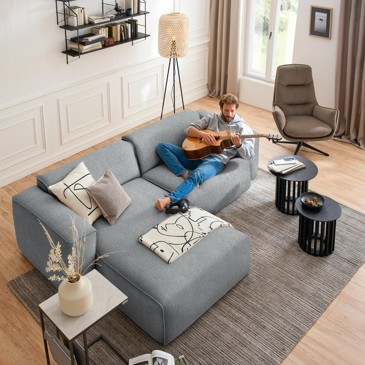 ECKSOFA in Webstoff Grau  171/265 cm  - Schwarz/Grau, Design, Kunststoff/Textil (171/265cm) - home24
