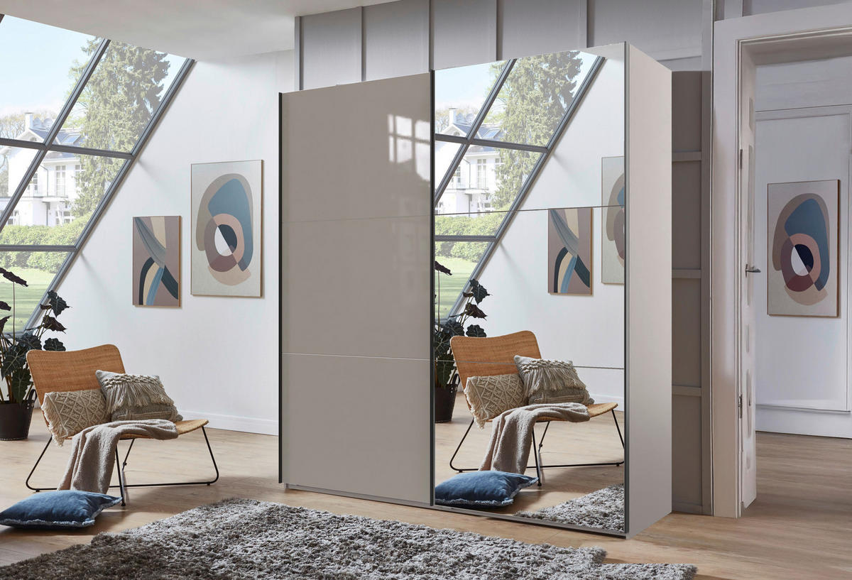 SCHWEBETÜRENSCHRANK 200/216/65 cm 2-türig Sahara, Grau  - Schwarz/Grau, KONVENTIONELL, Glas/Holzwerkstoff (200/216/65cm) - Stylife