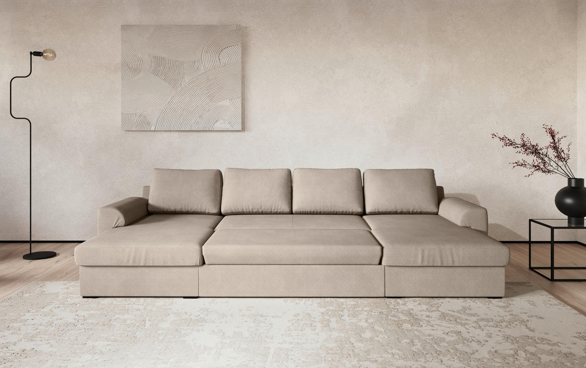 SJEDEĆA GARNITURA tekstil  prirodne boje   - prirodne boje/crna, Trend, tekstil/plastika (154/327/86cm) - MID.YOU