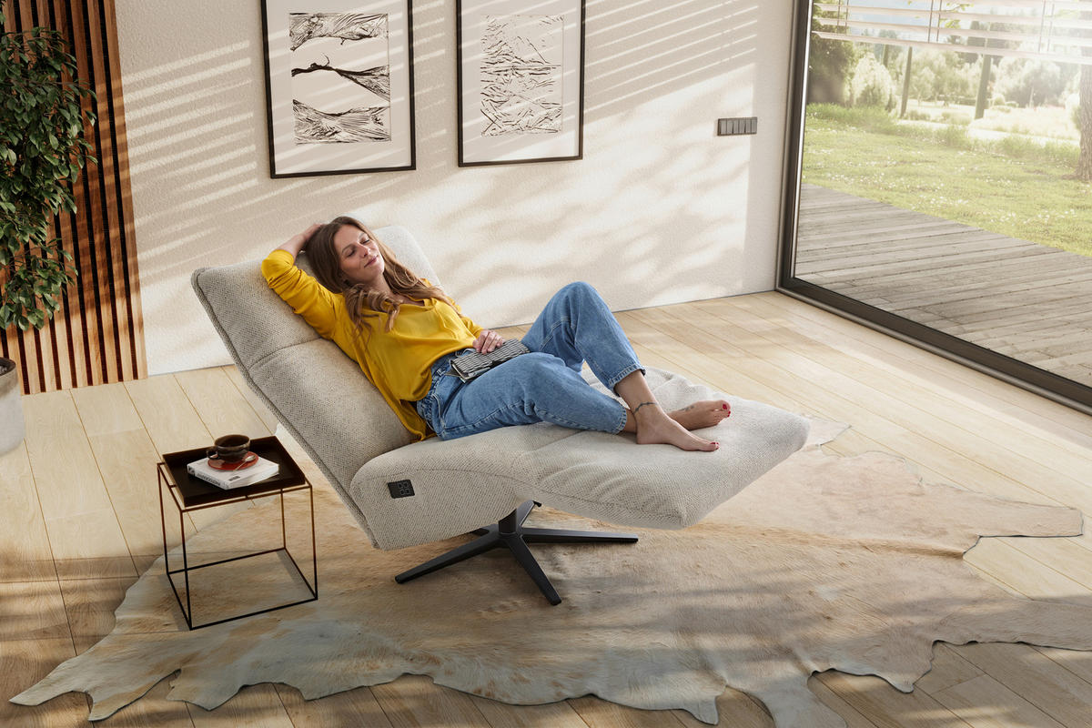RELAXSESSEL Webstoff Rücken echt, Relaxfunktion, Kopfteilverstellung    - Creme/Schwarz, MODERN, Textil/Metall (90/106/96cm) - Chilliano