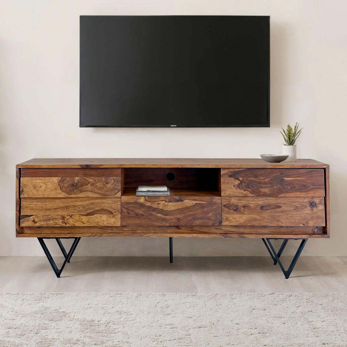LOWBOARD  in 160/56/35 cm  - Sheeshamfarben/Schwarz, Natur, Holz/Metall (160/56/35cm) - Livetastic