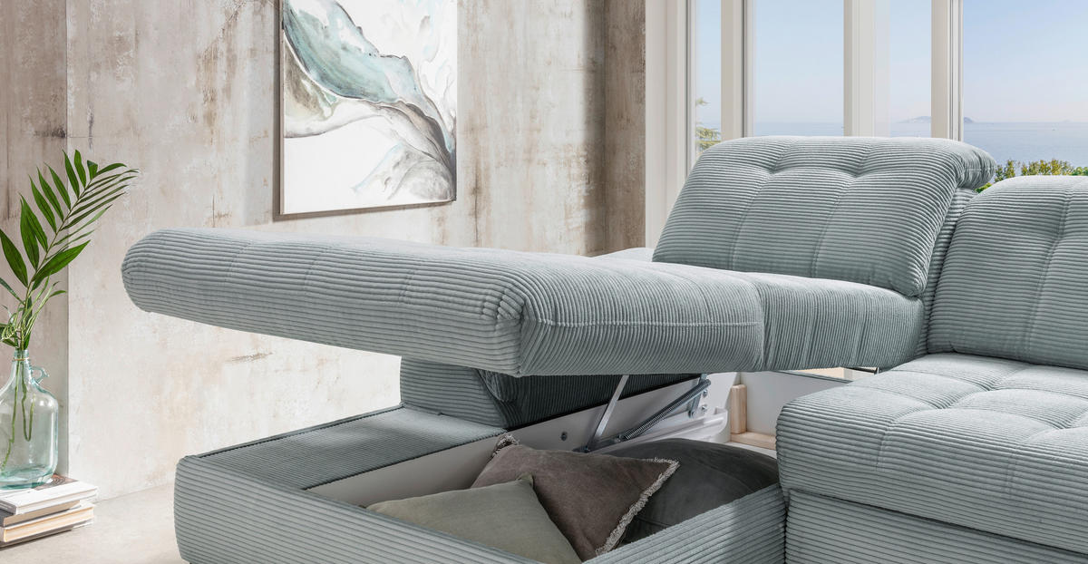 ECKSCHLAFSOFA in Cord Hellblau  - Schwarz/Hellblau, Modern, Textil/Metall (189/273cm) - Livetastic