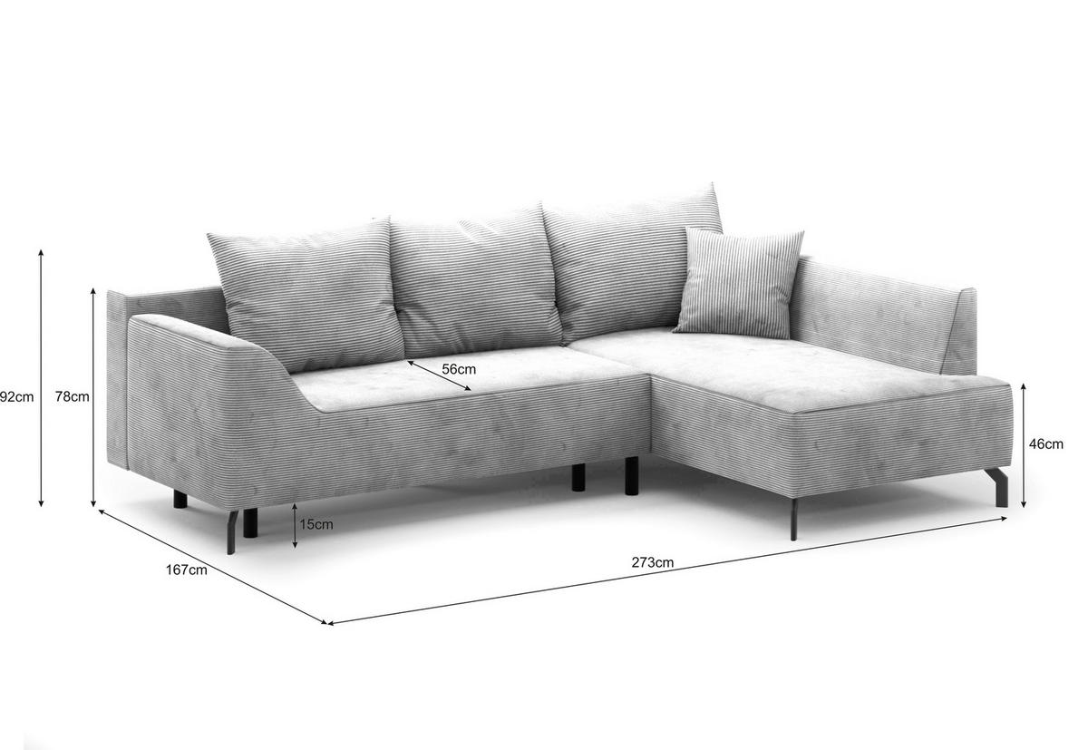 ECKSCHLAFSOFA in Cord Hellgrau  - Hellgrau/Schwarz, Design, Textil/Metall (273/167cm) - MID.YOU