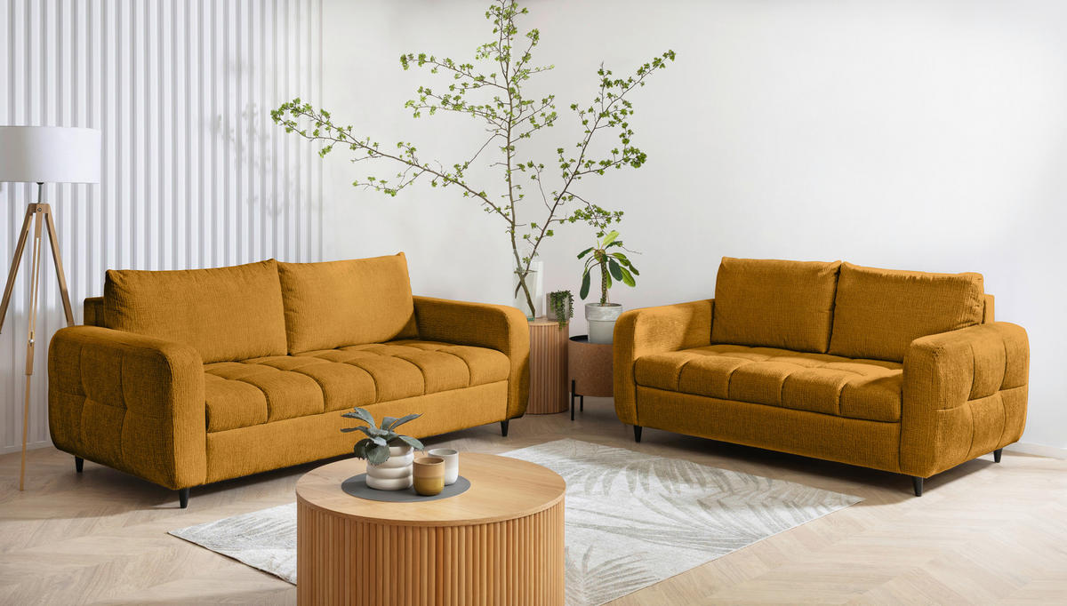 2,5-SITZER Flachgewebe Senfgelb  - Senfgelb/Schwarz, Design, Holz/Textil (209/88/101cm) - Lomoco