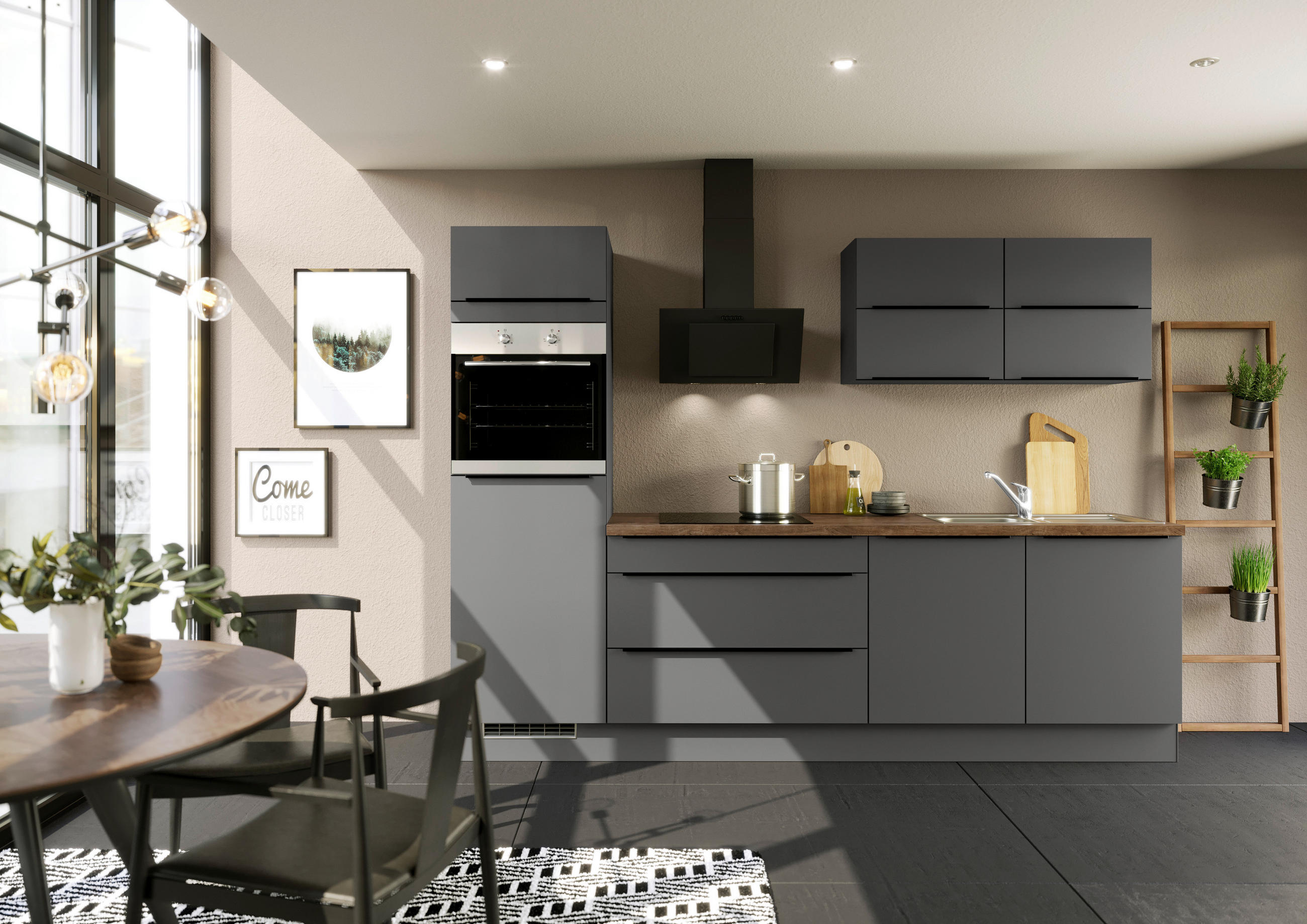 KÜCHENLEERBLOCK 280 cm   in Graphitfarben  - Eiche dunkel/Schwarz, Design, Holzwerkstoff/Metall (280cm) - Impuls