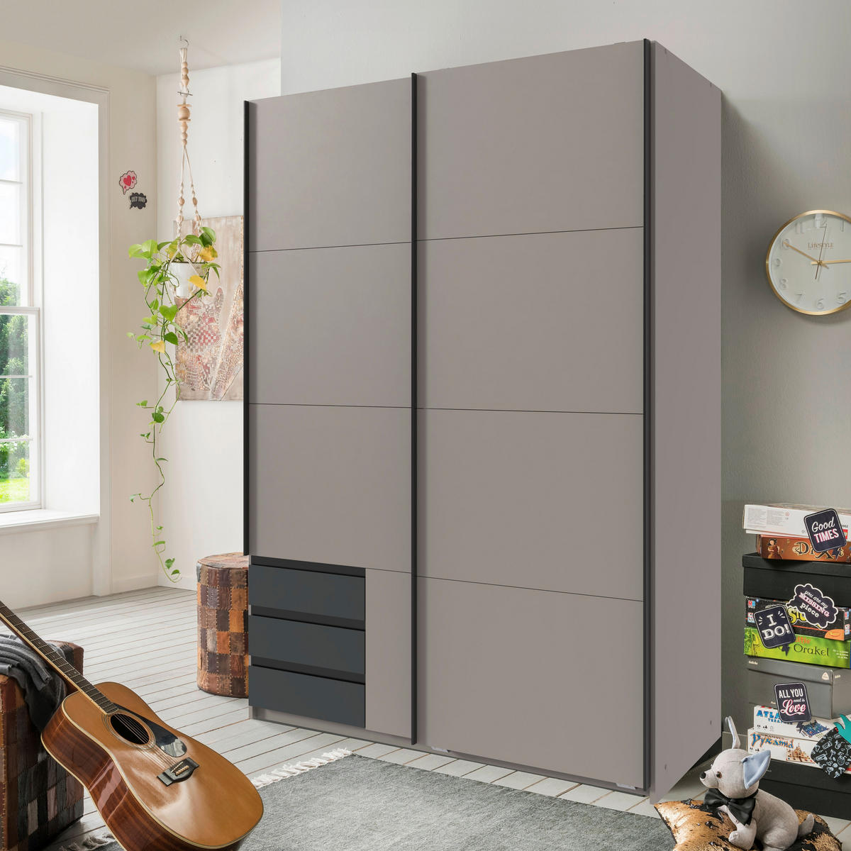 OMARA Z DRSNIMI VRATI, barve grafita, siva, sahara  - sahara/siva, Design, kovina/leseni material (135/198/65cm) - Carryhome