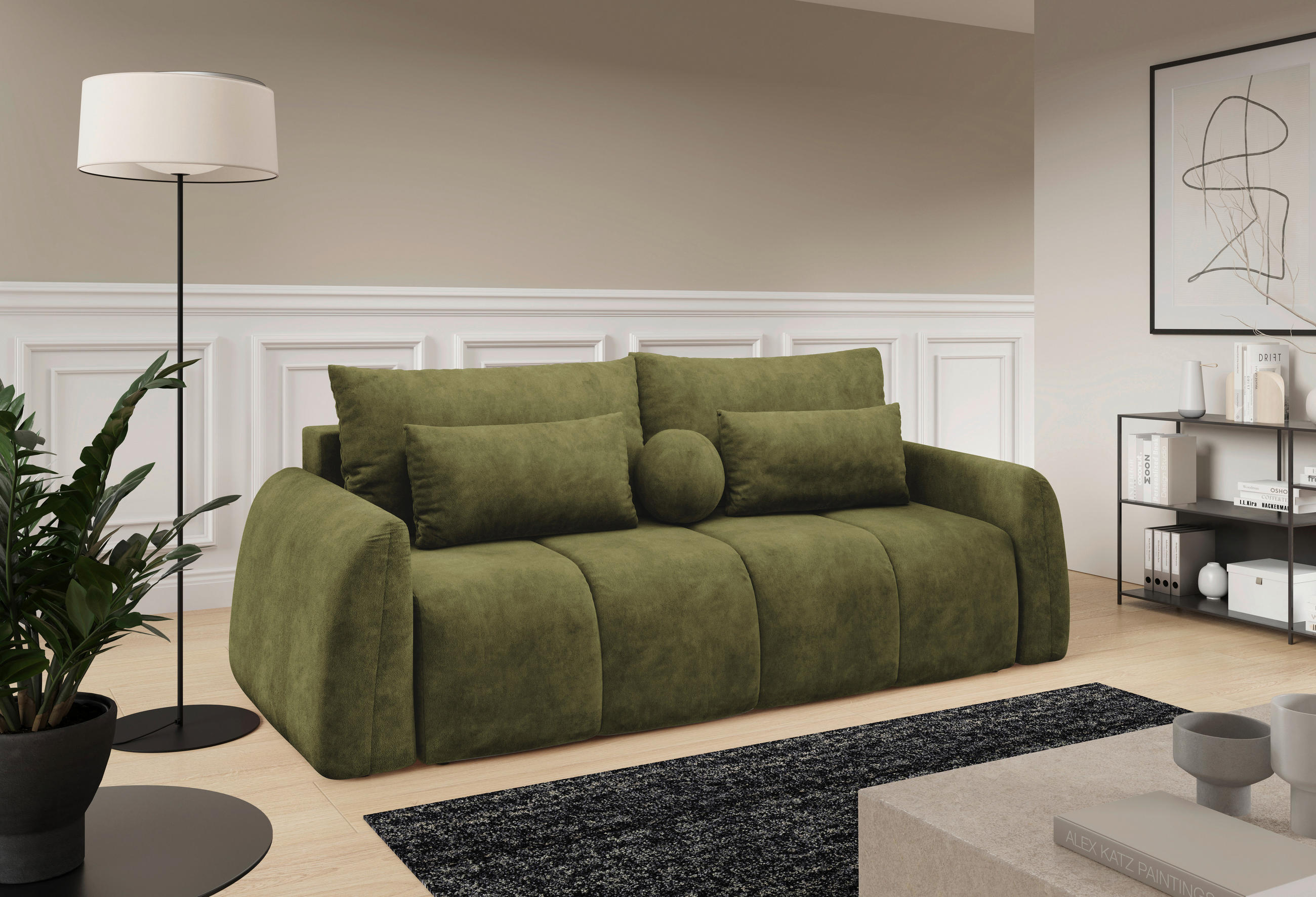 SCHLAFSOFA GERONIMO in Velours Olivgrün  - Schwarz/Olivgrün, Design, Kunststoff/Textil (252/93/167cm) - Livetastic