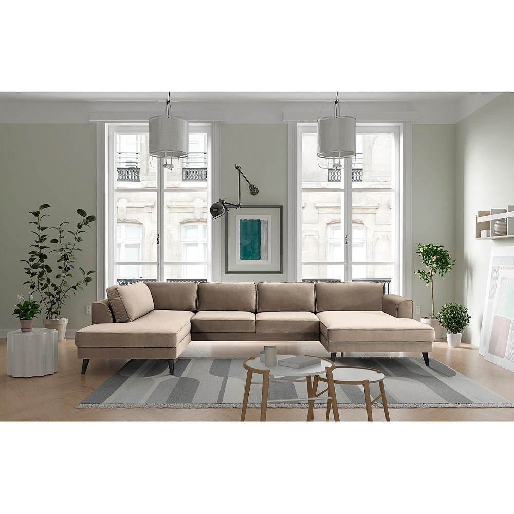 WOHNLANDSCHAFT in Samt, Velours Hellgrau  - Wengefarben/Hellgrau, Modern, Holz/Textil (201/85/354cm) - Trendmanufaktur