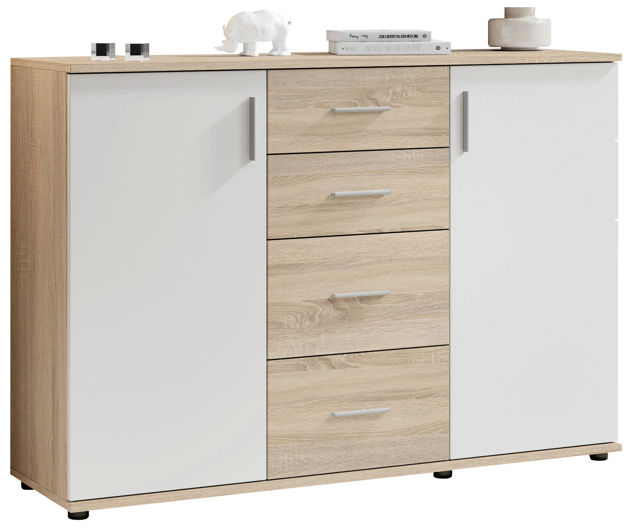 KOMMODE 120/82/35 cm  in Weiß, Sonoma Eiche  - Silberfarben/Schwarz, Design, Holzwerkstoff/Kunststoff (120/82/35cm) - Carryhome