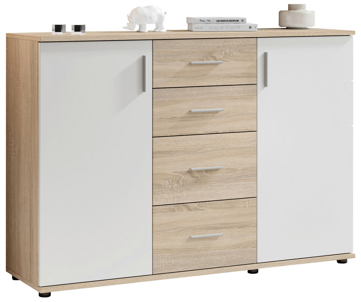 KOMMODE 120/82/35 cm  in Weiß, Sonoma Eiche  - Silberfarben/Schwarz, Design, Holzwerkstoff/Kunststoff (120/82/35cm) - Carryhome