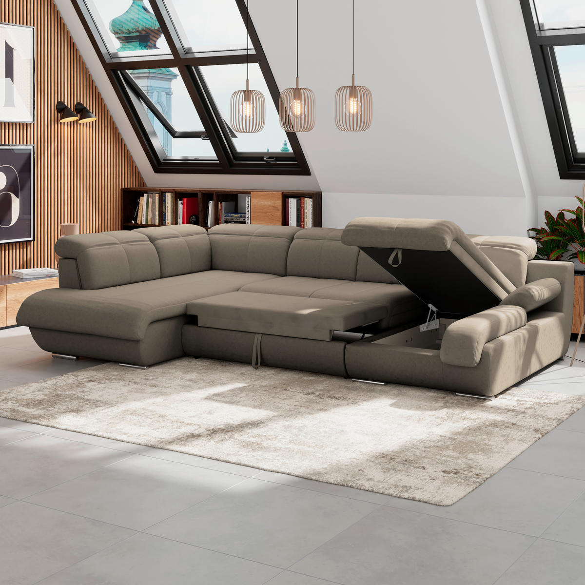 WOHNLANDSCHAFT Dunkelbraun Mikrofaser  - Chromfarben/Dunkelbraun, MODERN, Textil/Metall (228/345/184cm) - MID.YOU