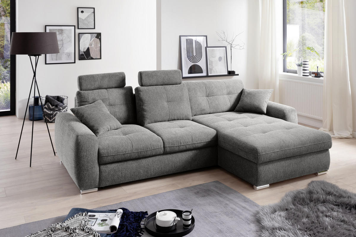 ECKSOFA in Mikrofaser Grau  - Chromfarben/Grau, Modern, Kunststoff/Textil (276/193cm) - Hom`in