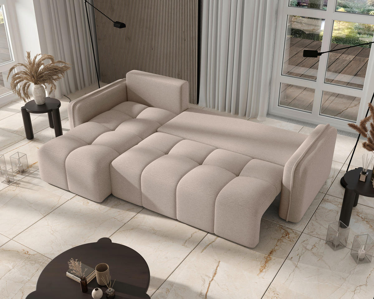 ECKSOFA Creme Flachgewebe Zierkissen, Rückenkissen, Bettkasten, Schlaffunktion, Rücken echt, Liegefläche im Originalstoff  - Creme/Schwarz, MODERN, Kunststoff/Textil (142/240cm) - Carryhome