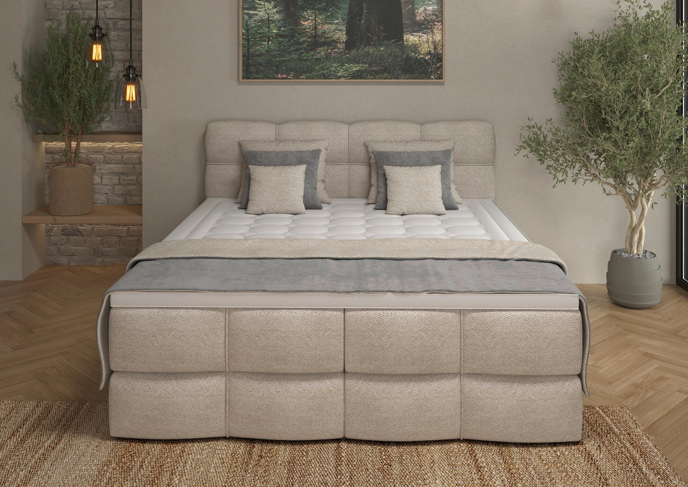 BOXSPRINGBETT 180/200 cm,  in Elfenbein, gepolstertes Kopfteil, Bettkasten, Topper, Matratzen, H3 + H3 = fest  - Elfenbein/Schwarz, Design, Kunststoff/Textil (180/200cm) - Chameo