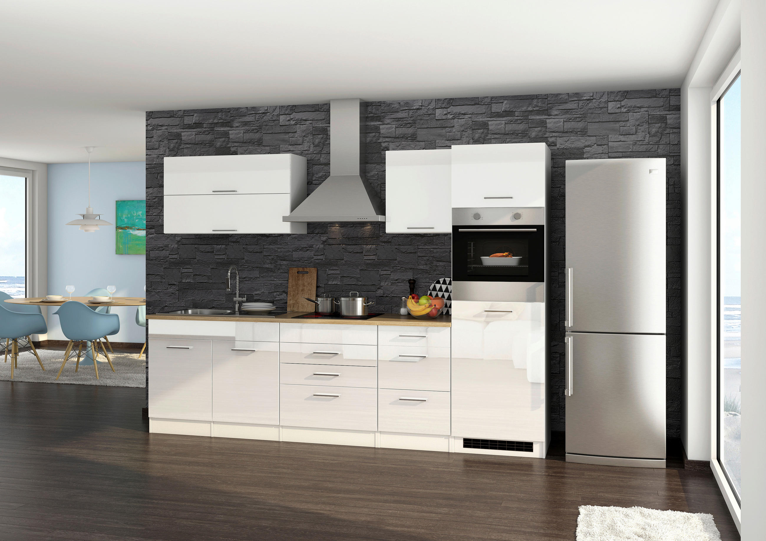Held Küchenblock Mailand Weiß, Weiß Hochglanz 290 cm