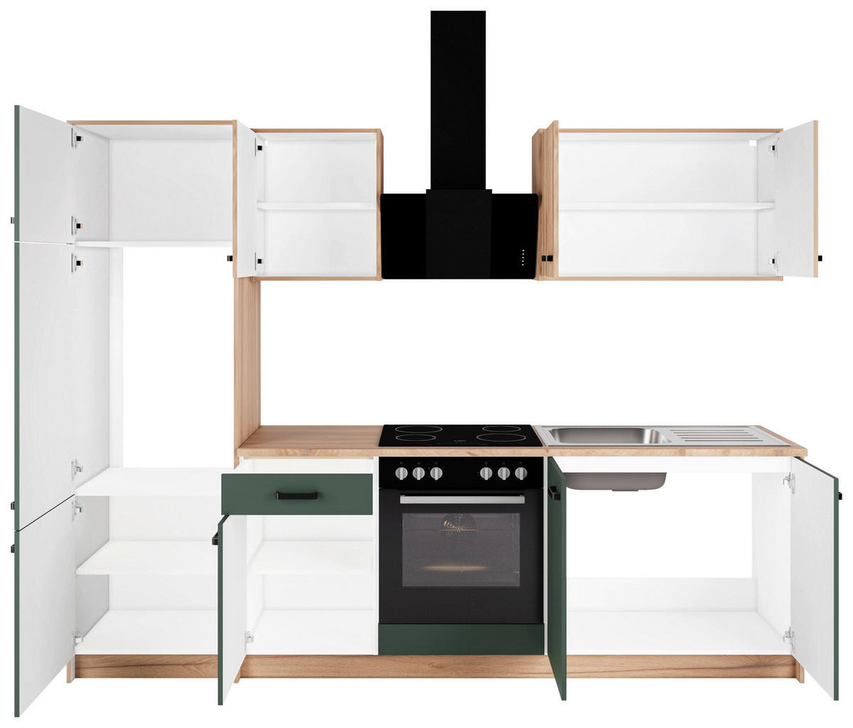 KUCHYŇSKÁ LINKA RETRO 265 - barvy dubu/černá, Basics, kov/kompozitní dřevo (264,5/202/60cm)