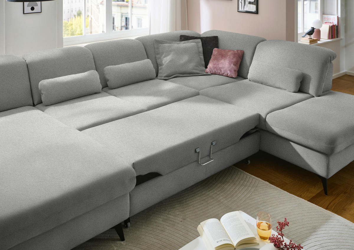 WOHNLANDSCHAFT  in Chenille Greige  - Greige/Schwarz, Design, Textil/Metall (198/369/255cm) - Beldomo Style