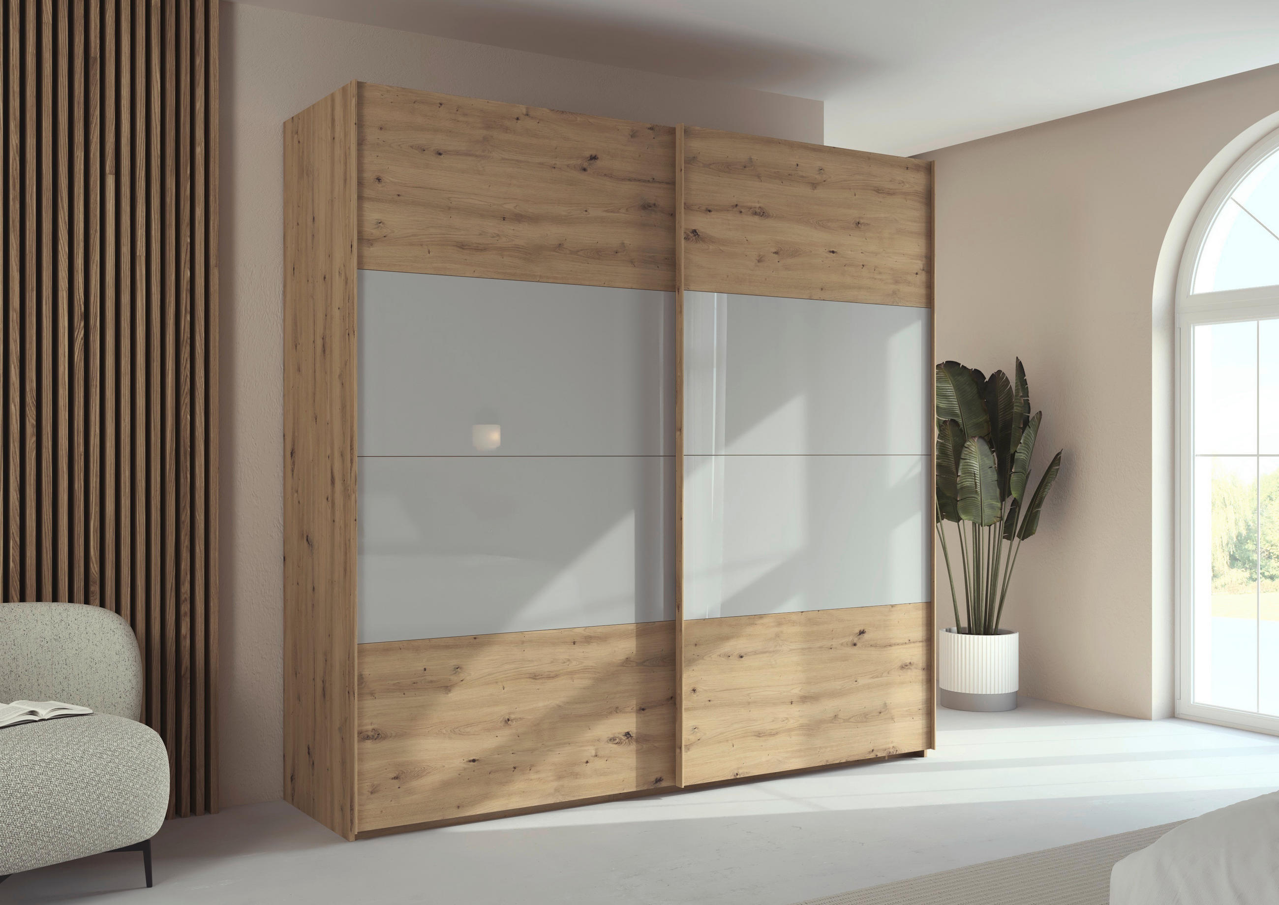 SCHWEBETÜRENSCHRANK 226/223/68 cm 2-türig Eiche Artisan, Seidengrau  - Eichefarben/Seidengrau, Design, Glas/Holzwerkstoff (226/223/68cm) - Xora
