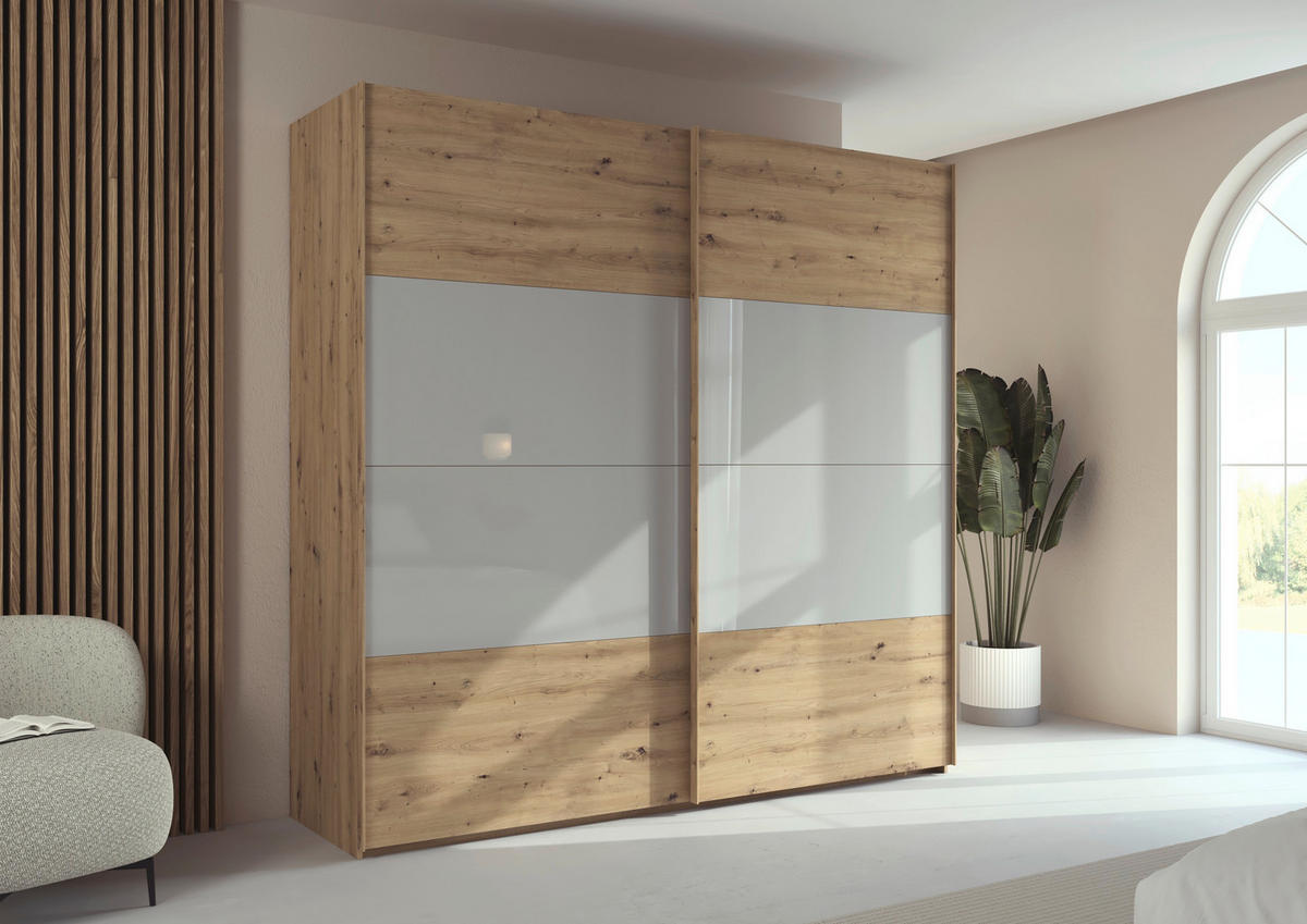 SCHWEBETÜRENSCHRANK 226/223/68 cm 2-türig Eiche Artisan, Seidengrau  - Eichefarben/Seidengrau, Design, Glas/Holzwerkstoff (226/223/68cm) - Xora
