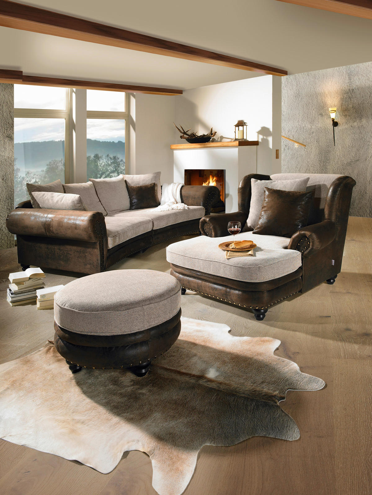 MEGASOFA in Lederlook, Webstoff Braun, Beige  - Beige/Schwarz, Romantik / Landhaus, Holz/Textil (276/81/140cm) - Landscape