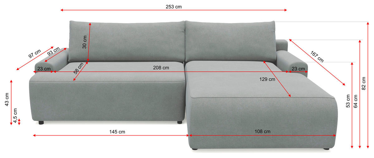 ECKSCHLAFSOFA in Struktur Grau  - Schwarz/Grau, Modern, Kunststoff/Textil (167/253cm) - Trendmanufaktur