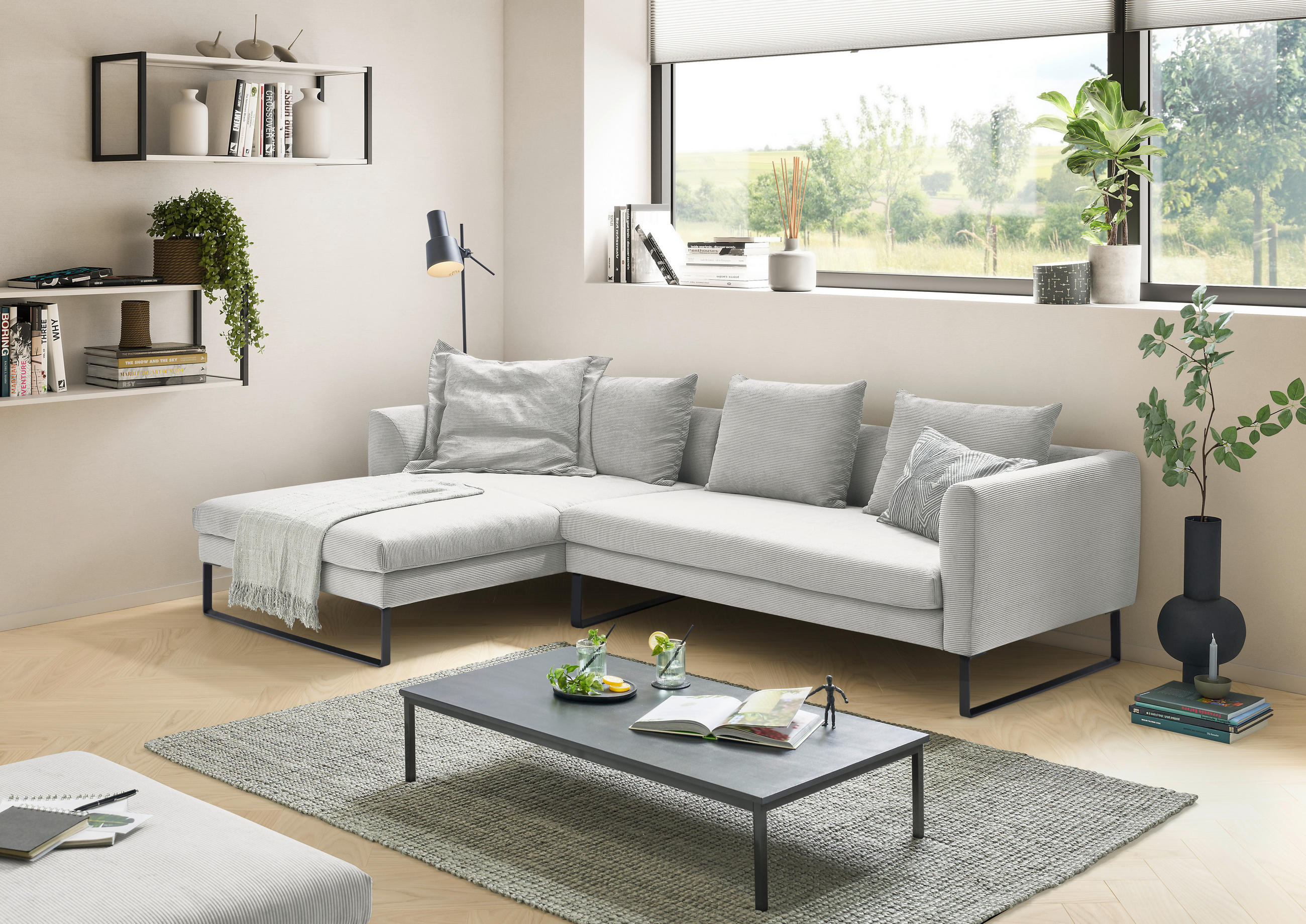 ECKSOFA Hellgrau Cord  - Hellgrau/Schwarz, KONVENTIONELL, Textil/Metall (178/284cm) - Hom`in