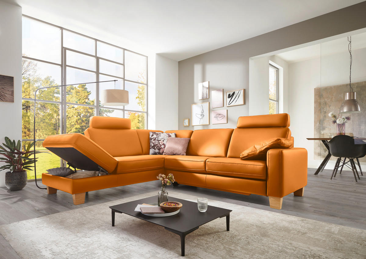 ECKSOFA in Echtleder Currygelb  - Currygelb/Eiche Bianco, Konventionell, Leder/Holz (235/257cm) - Valdera