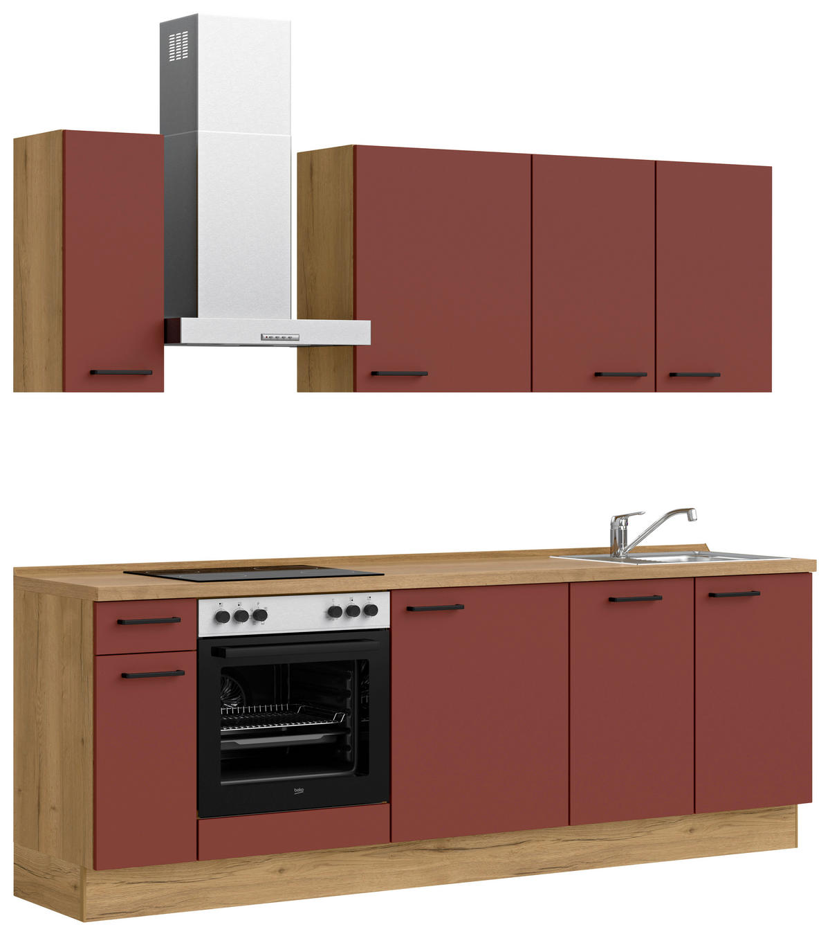 KÜCHENBLOCK 240 cm   in Eichefarben, Dunkelrot  - Eichefarben/Schwarz, MODERN, Holzwerkstoff/Metall (240cm) - Nobilia