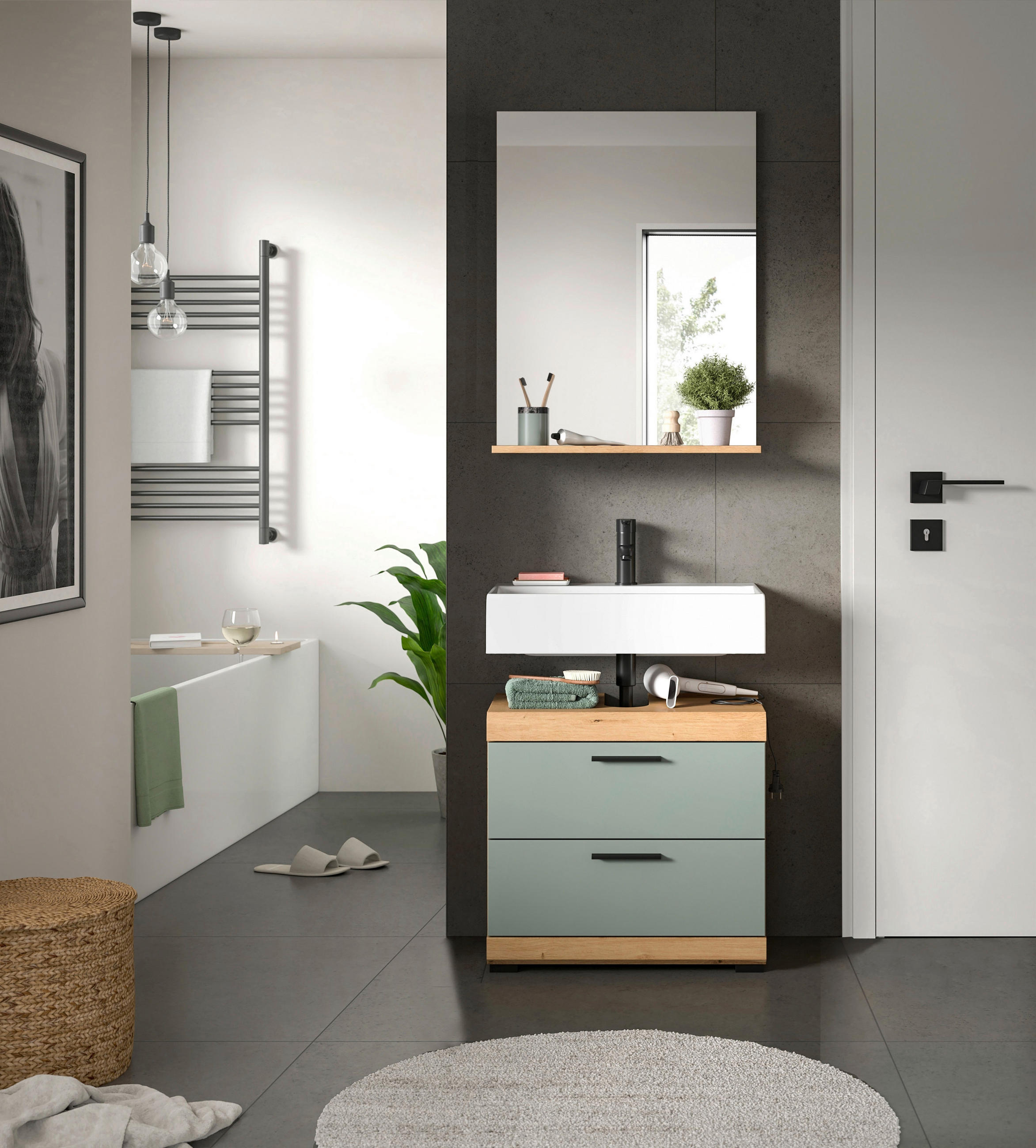 BADEZIMMER 2-teilig  in 60 cm  - Salbeigrün/Schwarz, MODERN, Glas/Holzwerkstoff (60cm) - MID.YOU