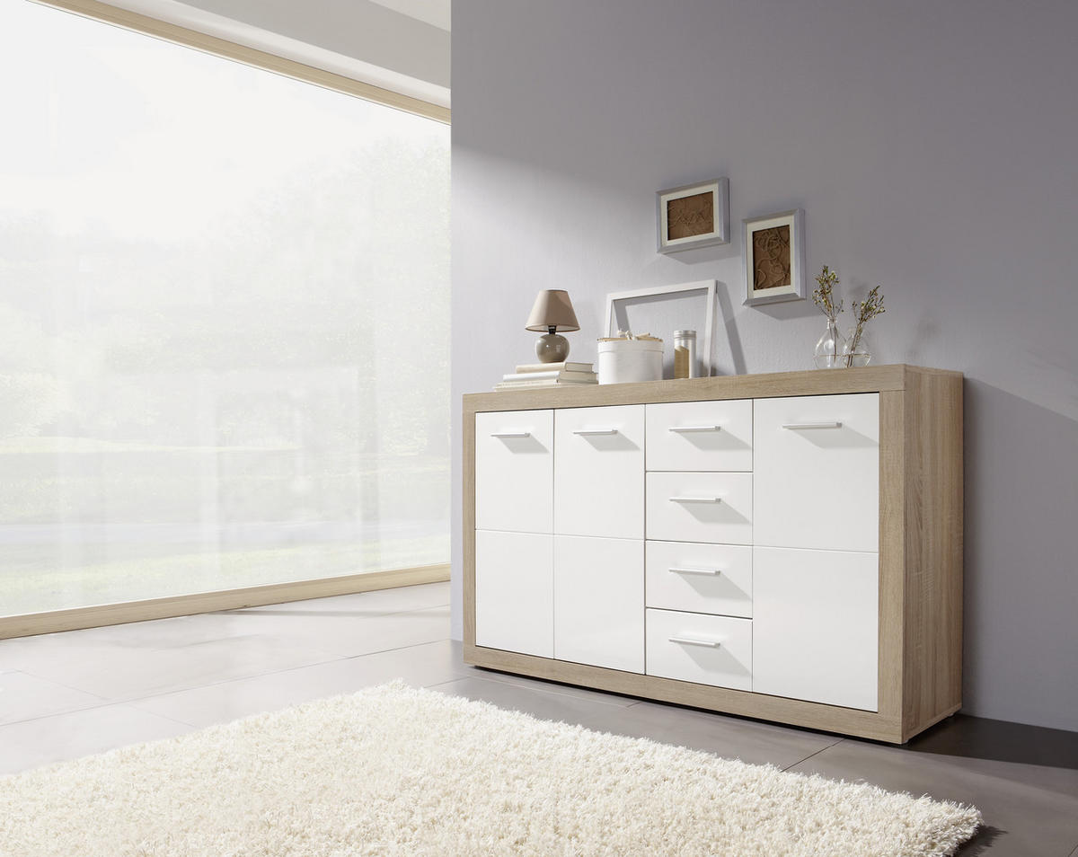KOMODA, bílá, Sonoma dub, 152/88/37 cm - bílá/barvy stříbra, Design, dřevo/kompozitní dřevo (152/88/37cm) - Xora