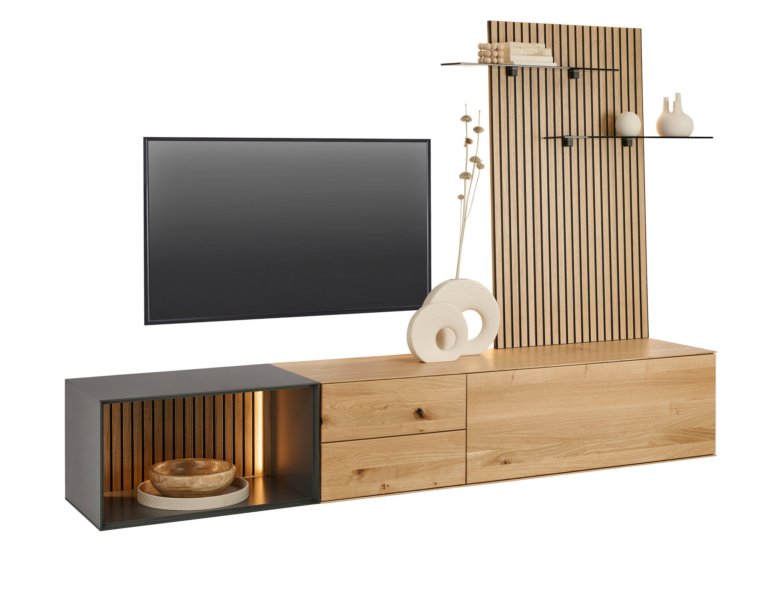 WOHNWAND 3-teilig  in Anthrazit, Eichefarben  261/160/50 cm  - Eichefarben/Anthrazit, Design, Glas/Holz (261/160/50cm) - Dieter Knoll