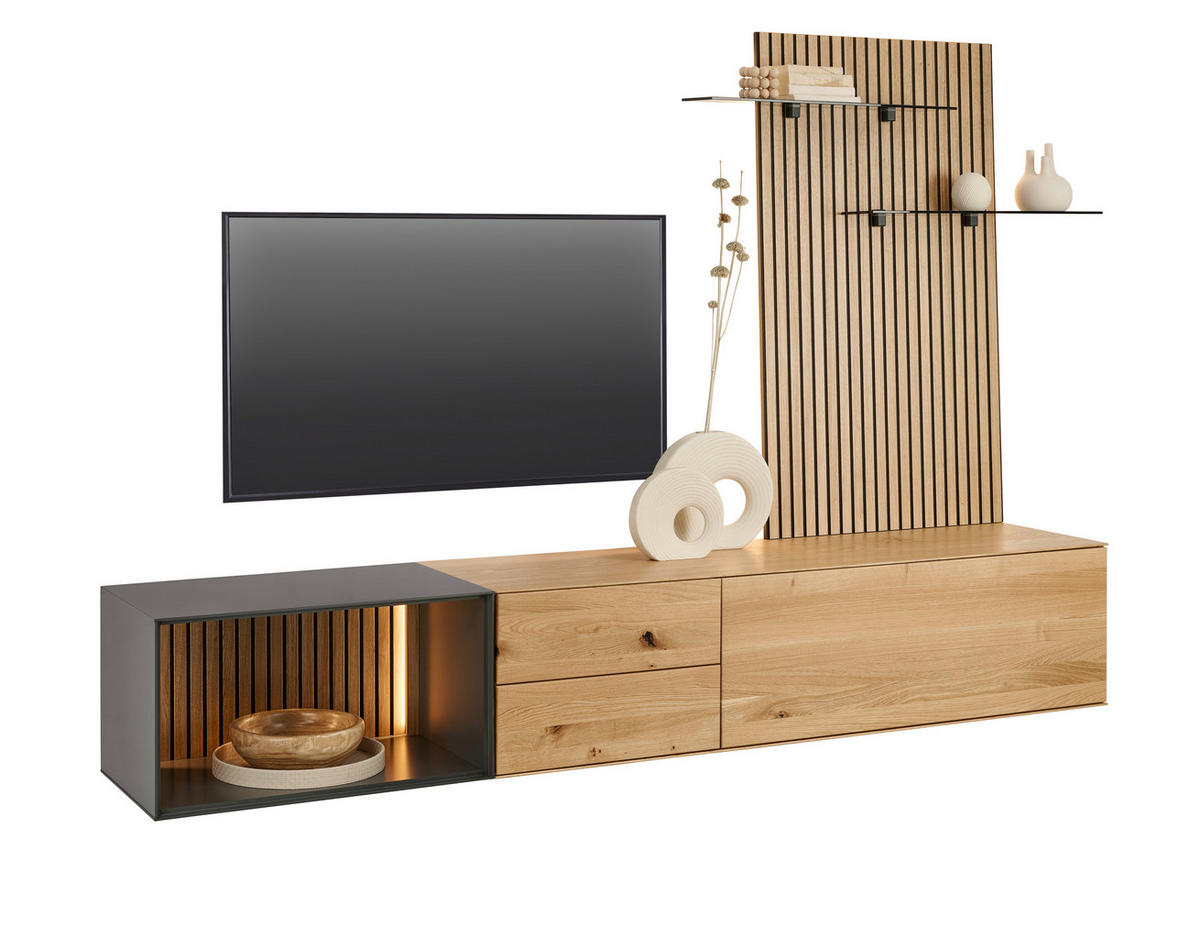 WOHNWAND 3-teilig  in Anthrazit, Eichefarben  261/160/50 cm  - Eichefarben/Anthrazit, Design, Glas/Holz (261/160/50cm) - Dieter Knoll