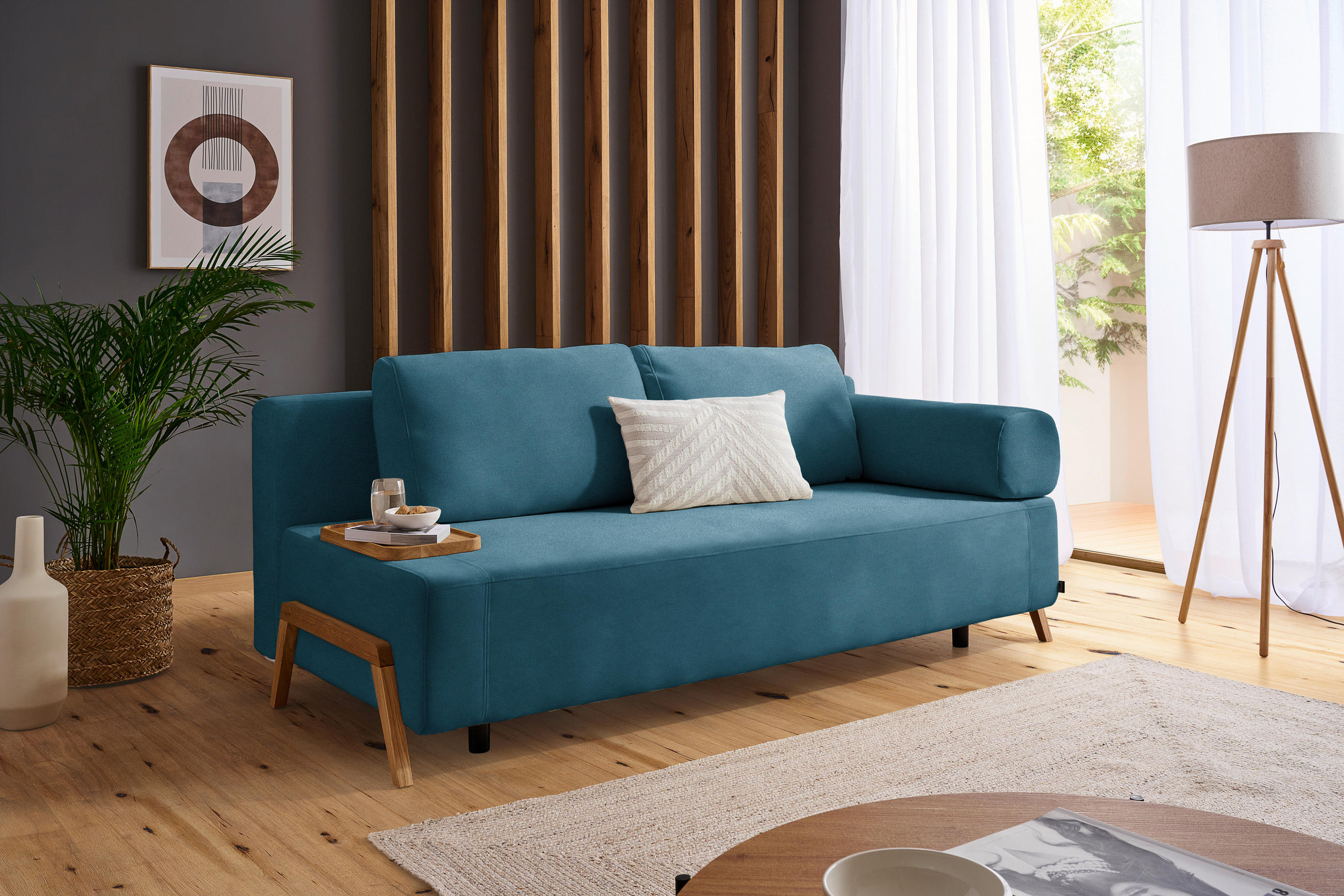 SCHLAFSOFA Mikrofaser Blau  - Blau/Naturfarben, Design, Holz/Textil (211/88/102cm) - Niels Andersson
