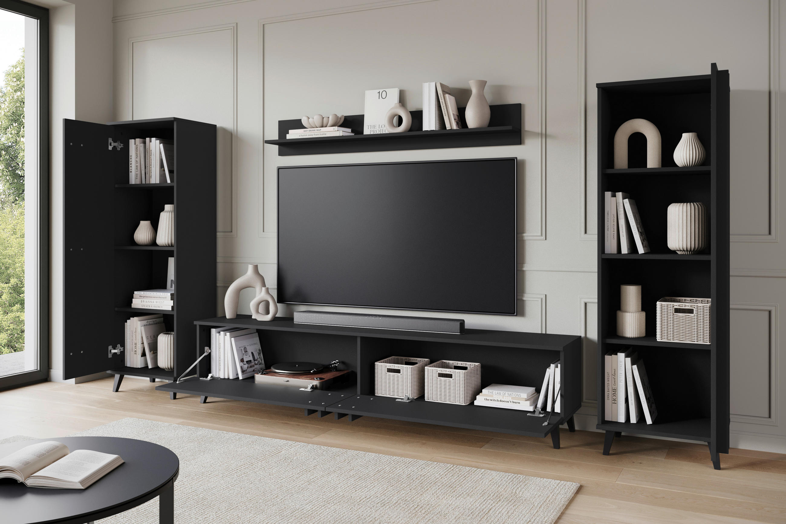 WOHNWAND 4-teilig in Schwarz 270/140/33 cm - Schwarz, Trend, Holzwerkstoff/Kunststoff (270/140/33cm)