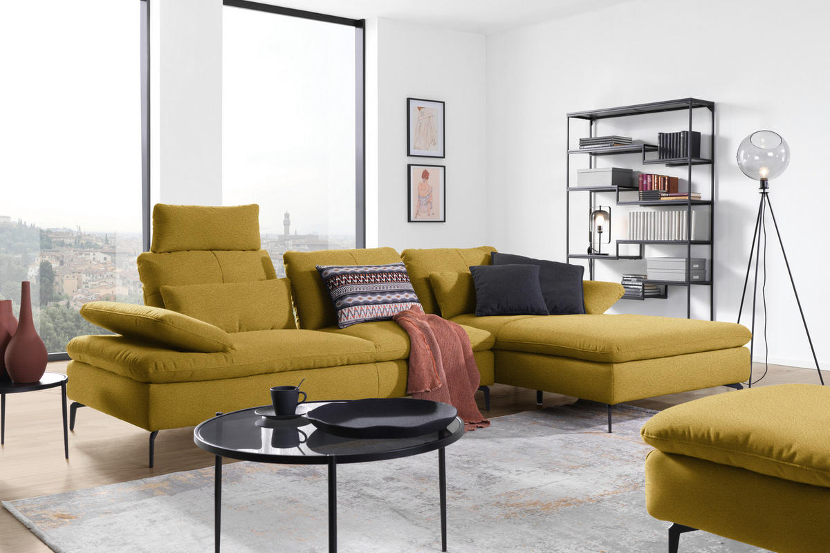 ECKSOFA in Webstoff Gelb, Hellgrün  - Gelb/Schwarz, Design, Textil/Metall (301/179cm) - Chilliano