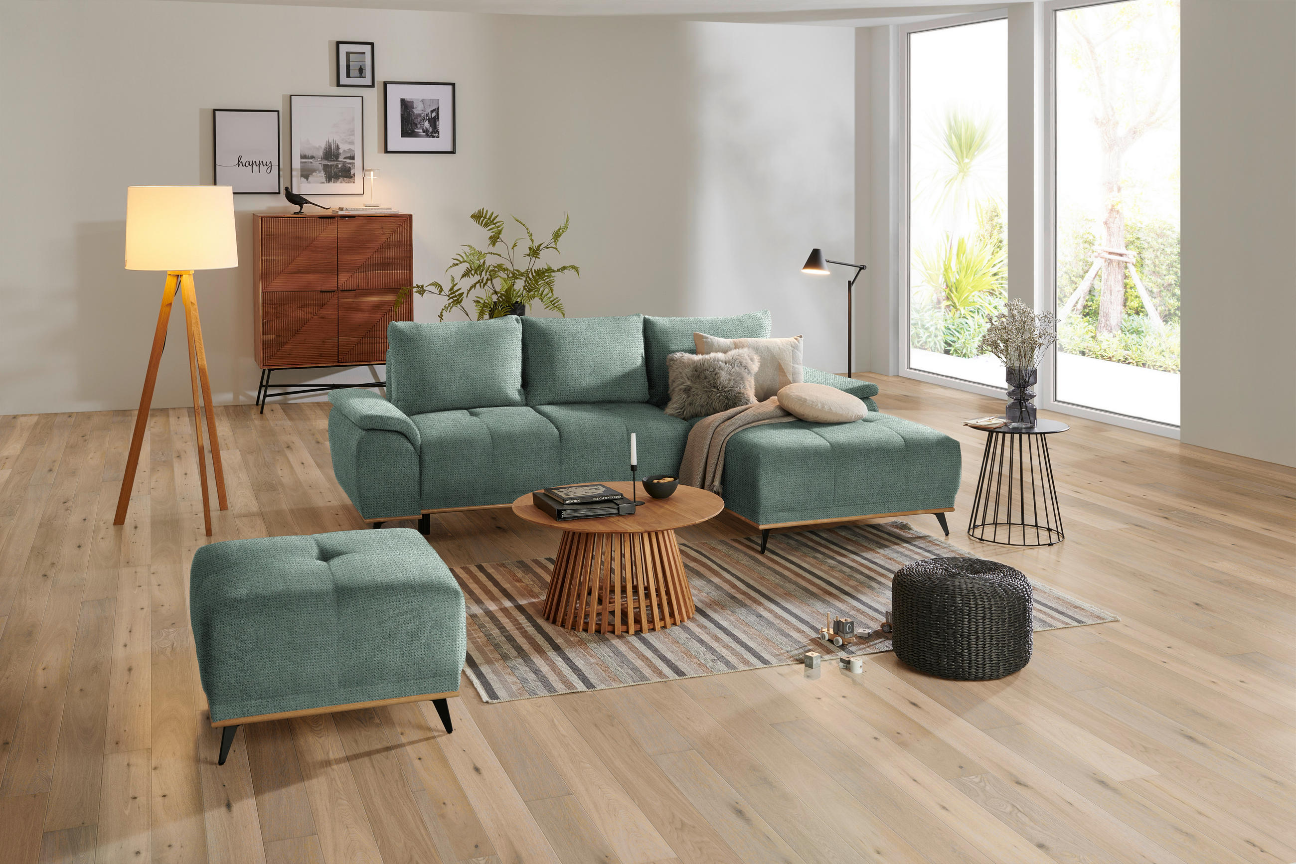 HOCKER Chenille Grün  - Schwarz/Grün, MODERN, Holz/Textil (73/47/73cm) - home24