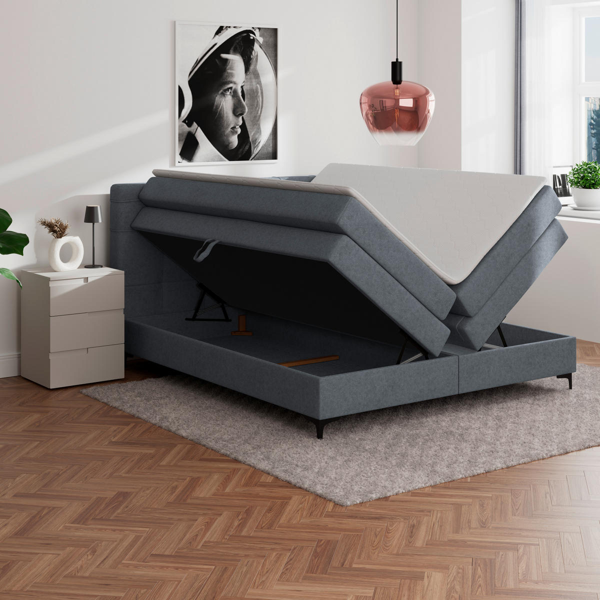 BOXSPRINGBETT 200/200 cm,  in Blaugrau, H3 = fest  - Blaugrau/Schwarz, KONVENTIONELL, Kunststoff/Textil (200/200cm)
