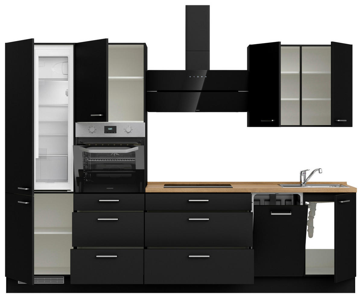 KÜCHENLEERBLOCK 300 cm   in Schwarz, Eichefarben  - Edelstahlfarben/Eichefarben, MODERN, Holzwerkstoff/Metall (300cm) - Nobilia
