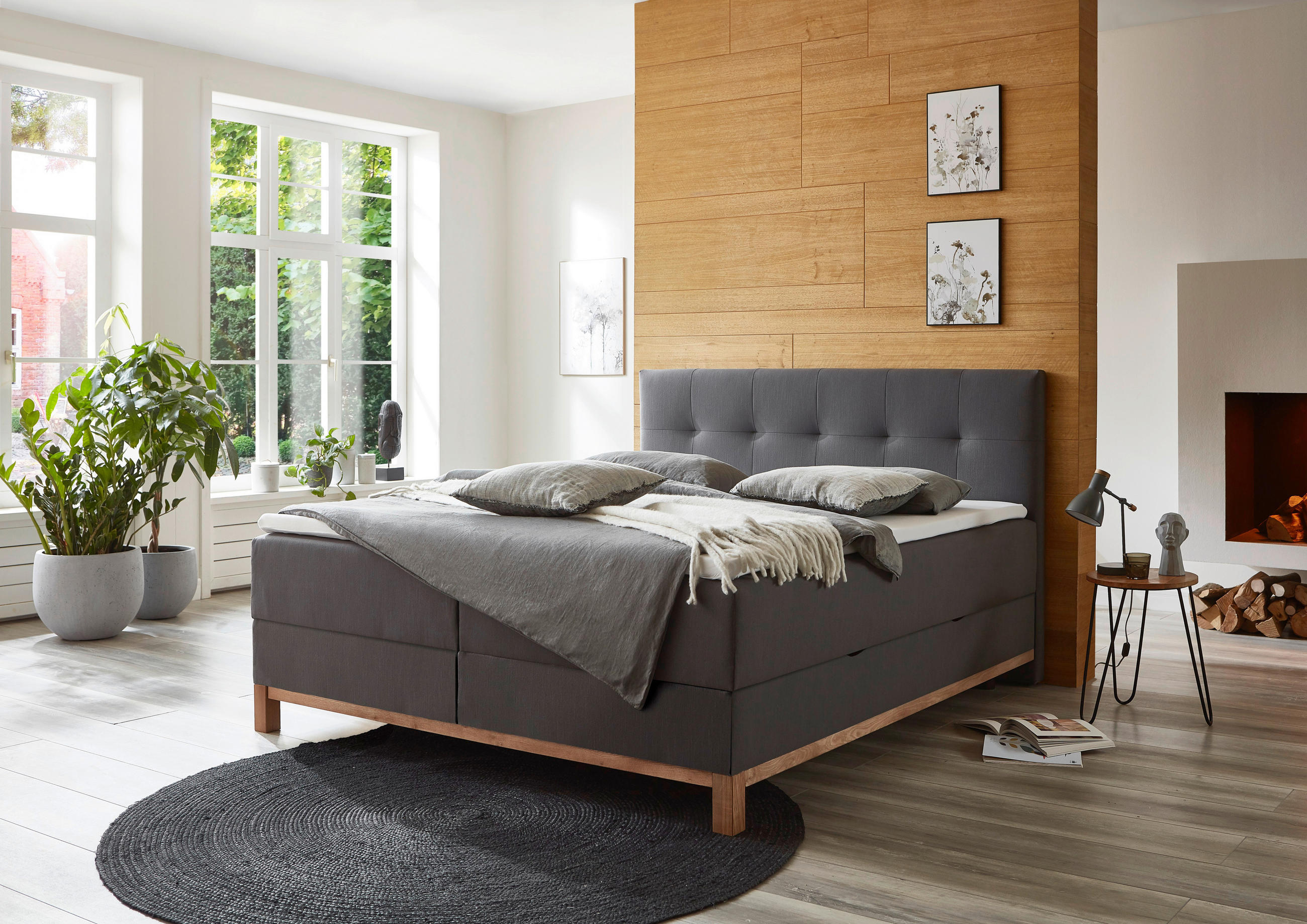 Thumbnail - Livetastic Boxbett meise.möbel Catania, Anthrazit, Textil, Esche, vollmassiv, H3, Höhe ca. 15 cm, 180x200 cm, Goldenes M...