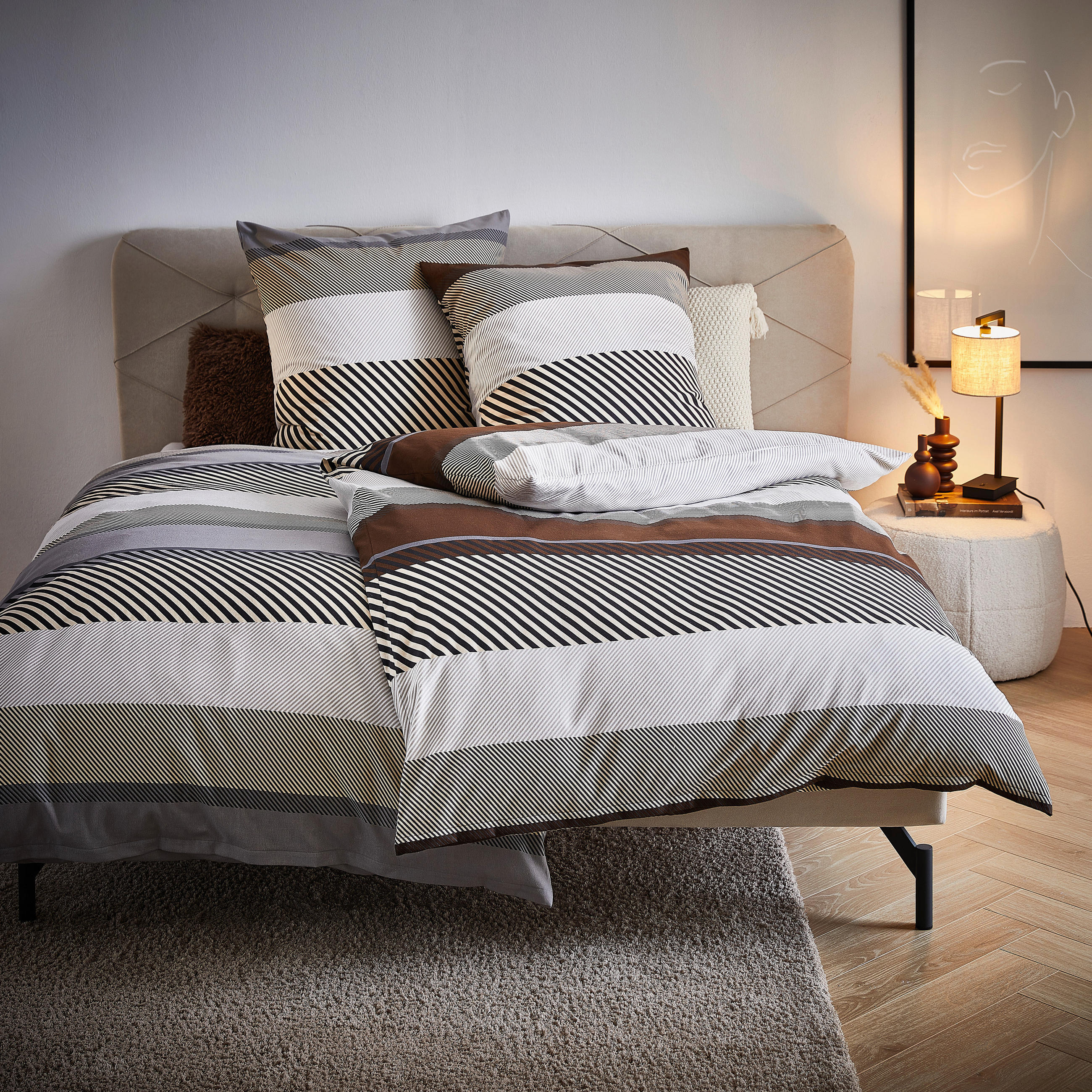 Thumbnail - Esprit Wendebettwäsche E-Lennon, Grau, Schwarz, Hellgrau, Textil, Streifen, 135x200 cm, angenehm wärmend, samtiger Griff...
