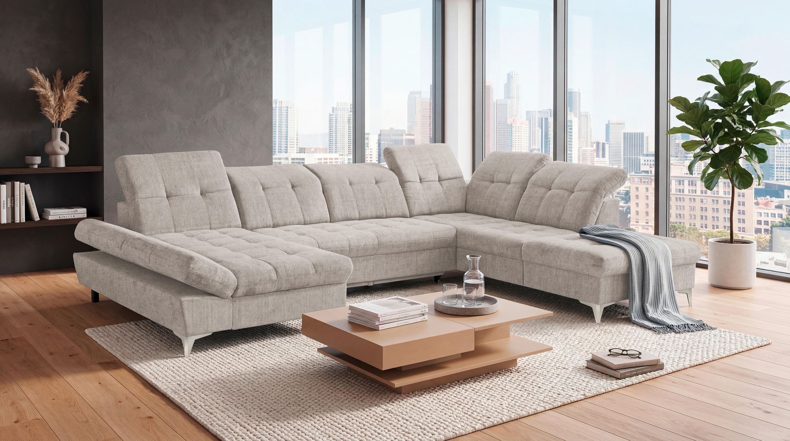 WOHNLANDSCHAFT Mikrovelours Weiss  - Kaschmir/Weiss, Modern, Kunststoff/Textil (169/348/245cm) - MID.YOU