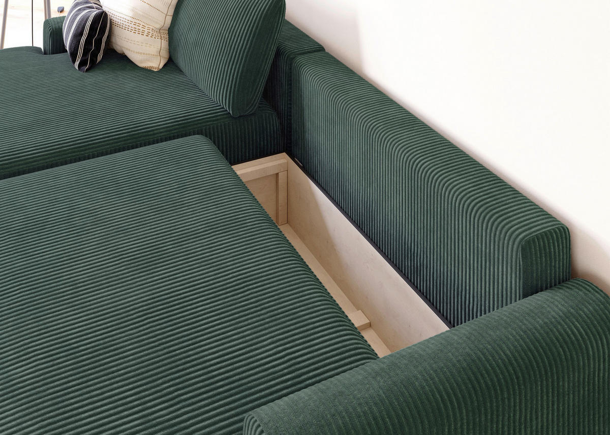 ECKSCHLAFSOFA in Cord Dunkelgrün  - Dunkelgrün/Schwarz, Modern, Kunststoff/Textil (167/253cm) - Trendmanufaktur