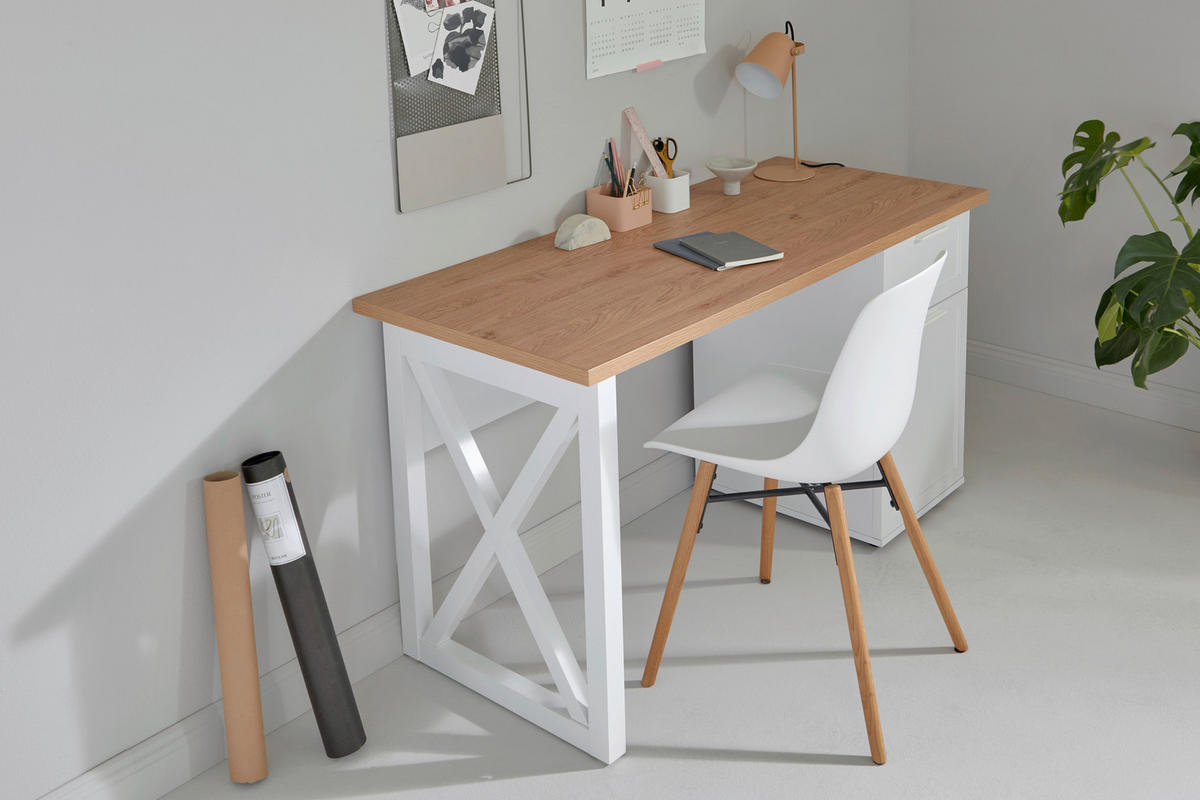 SCHREIBTISCH 140/59/74,8 cm  in Weiss, Eichefarben  - Weiss/Eichefarben, Konventionell, Holzwerkstoff/Metall (140/59/74,8cm) - Livetastic