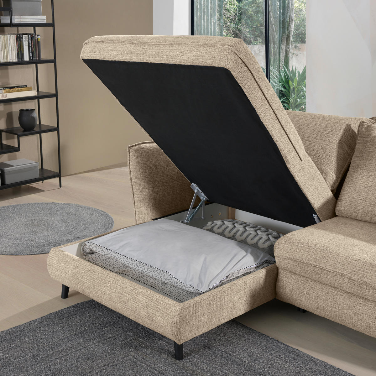 ECKSOFA inkl. Funktionen Beige Struktur  - Beige/Schwarz, Design, Holz/Textil (245/161cm) - Stylife