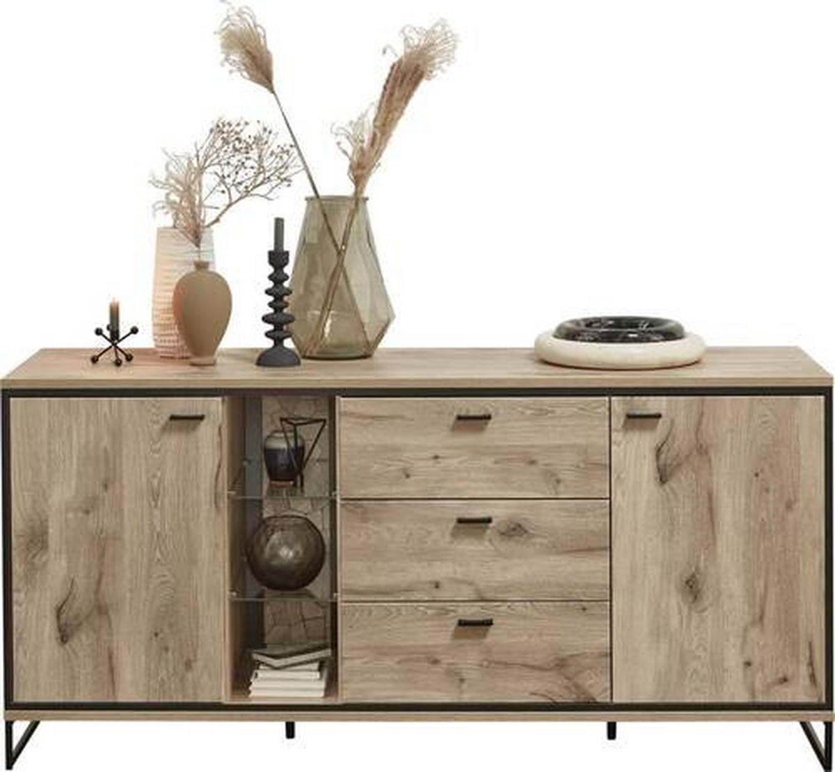 SIDEBOARD  in 180/86/49 cm  - Eichefarben/Schwarz, KONVENTIONELL, Glas/Holzwerkstoff (180/86/49cm) - Livetastic