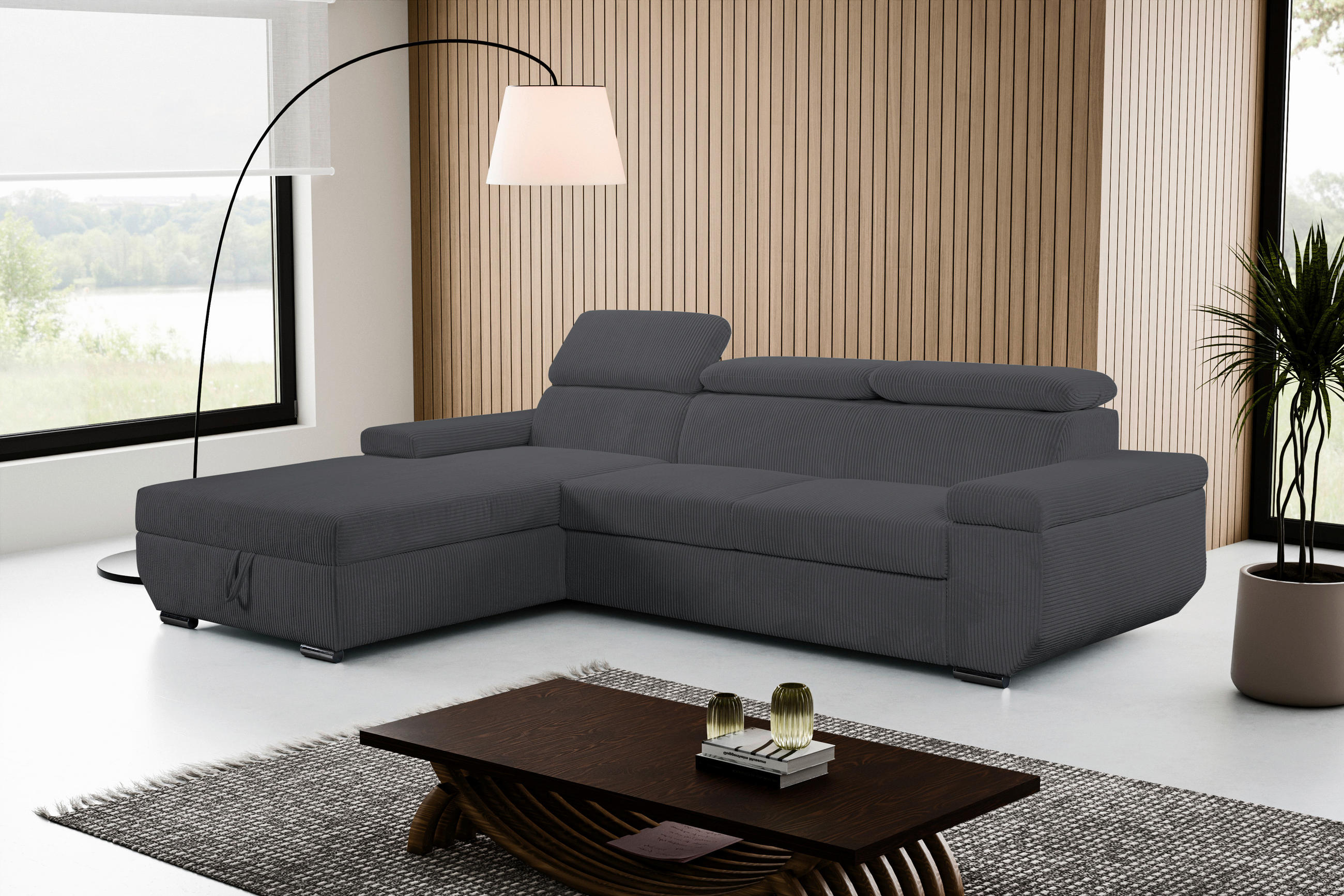 ECKSOFA LARS Anthrazit Cord  - Chromfarben/Anthrazit, Design, Kunststoff/Textil (189/268cm) - Livetastic