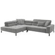 ECKSOFA Grau Feincord Rücken echt, Kopfteilverstellung, Sitzvorzug  - Schwarz/Grau, KONVENTIONELL, Textil/Metall (219/311cm) - Hom`in